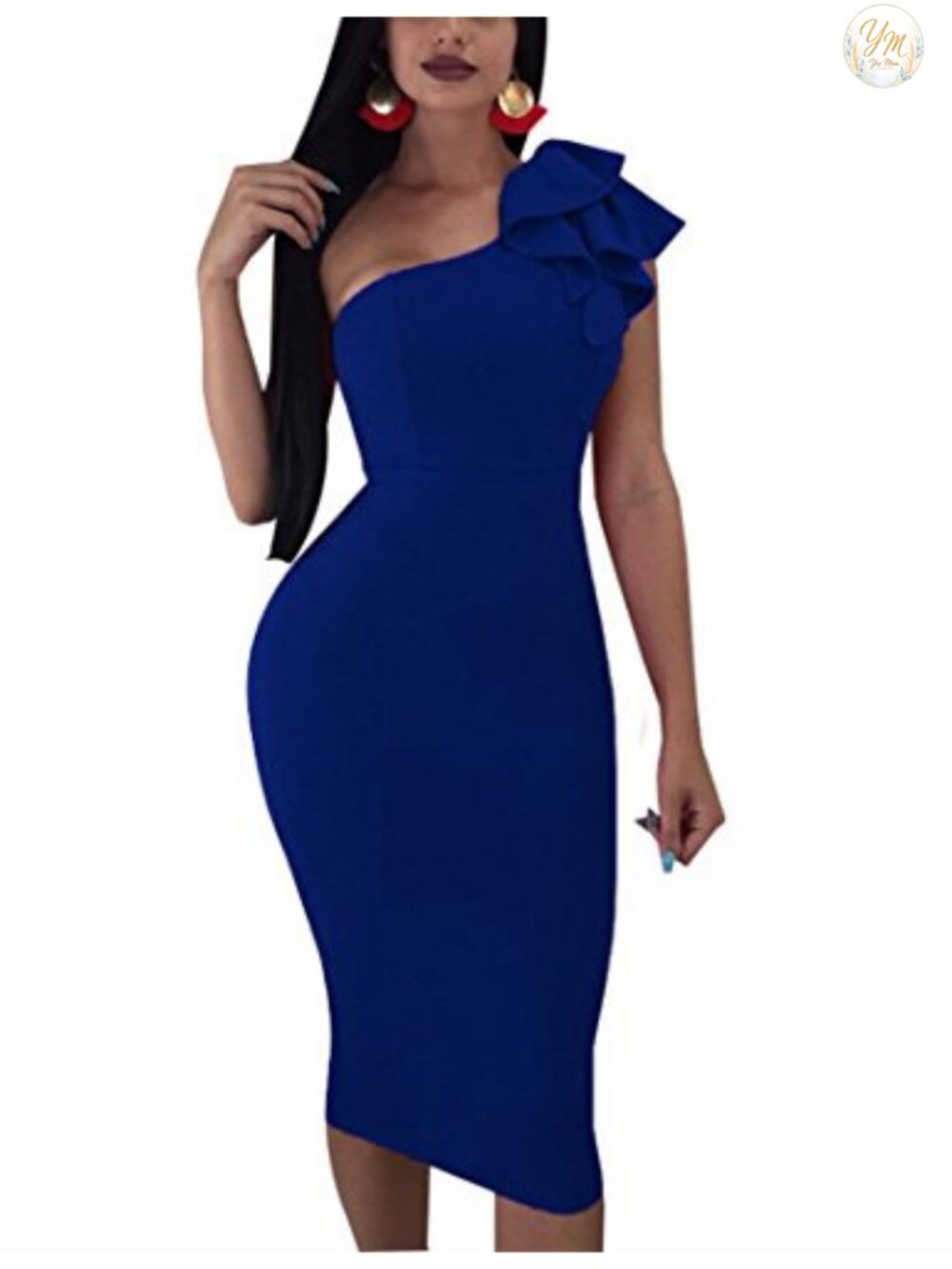 Ruffle One Shoulder Bodycon Cocktail Party Midi Dress